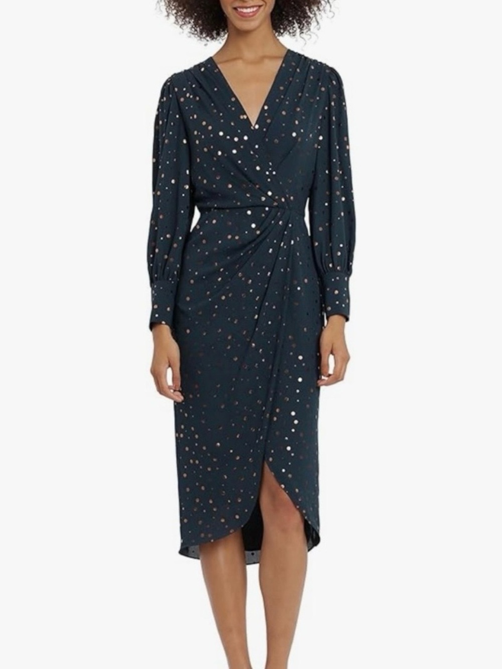 Dark Teal Long Sleeve Midi Dress with Metallic Dot Accent